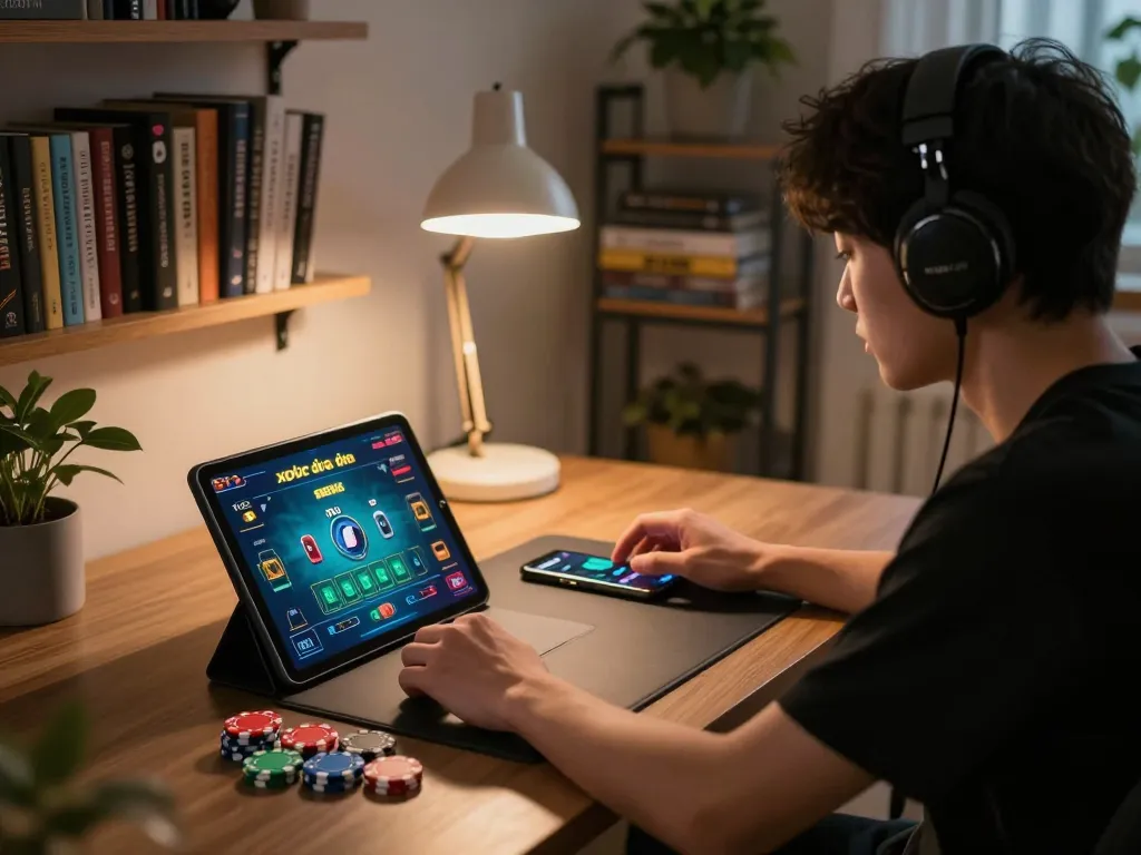 xóc đĩa online gameplay on tablet in a cozy home office setting showcasing strategic betting