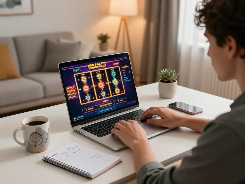 Player enjoying gaming on non gamstop casinos with vibrant slot games displayed on laptop.