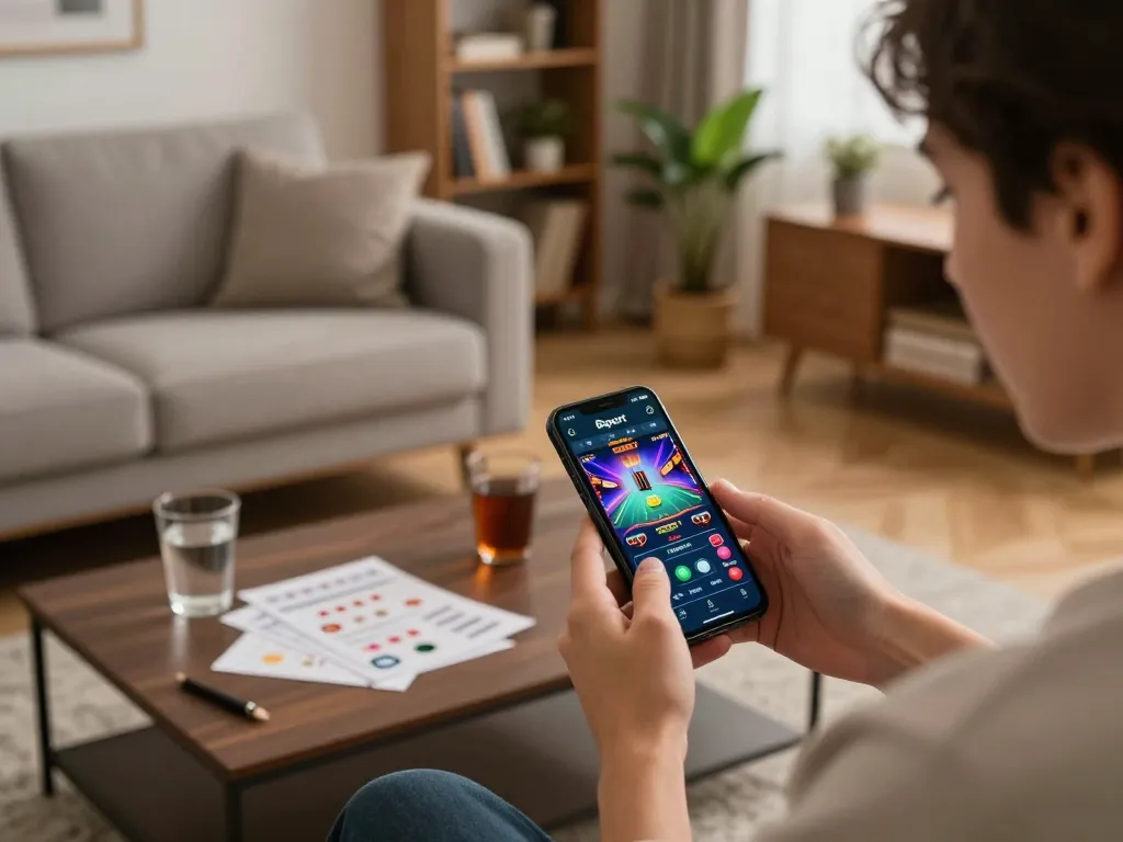 Engaging gameplay with the Bsport app on smartphone in a cozy living room setting