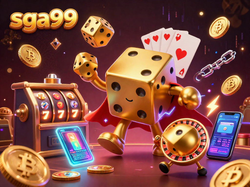 Engage in thrilling gameplay with SGA99, featuring a dynamic scene of a golden dice golem and slot themes.