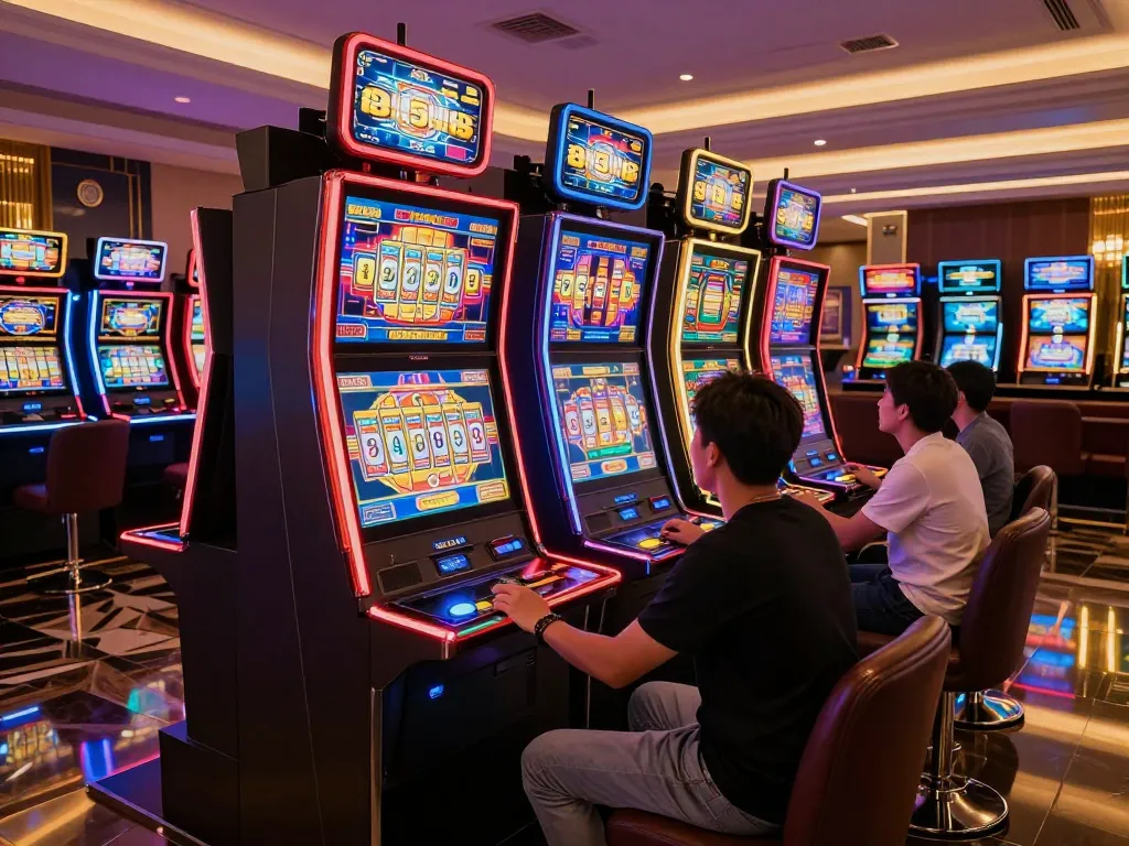 Players enjoy vibrant slot 5k machines in luxury casino, pressing spin buttons and celebrating wins.