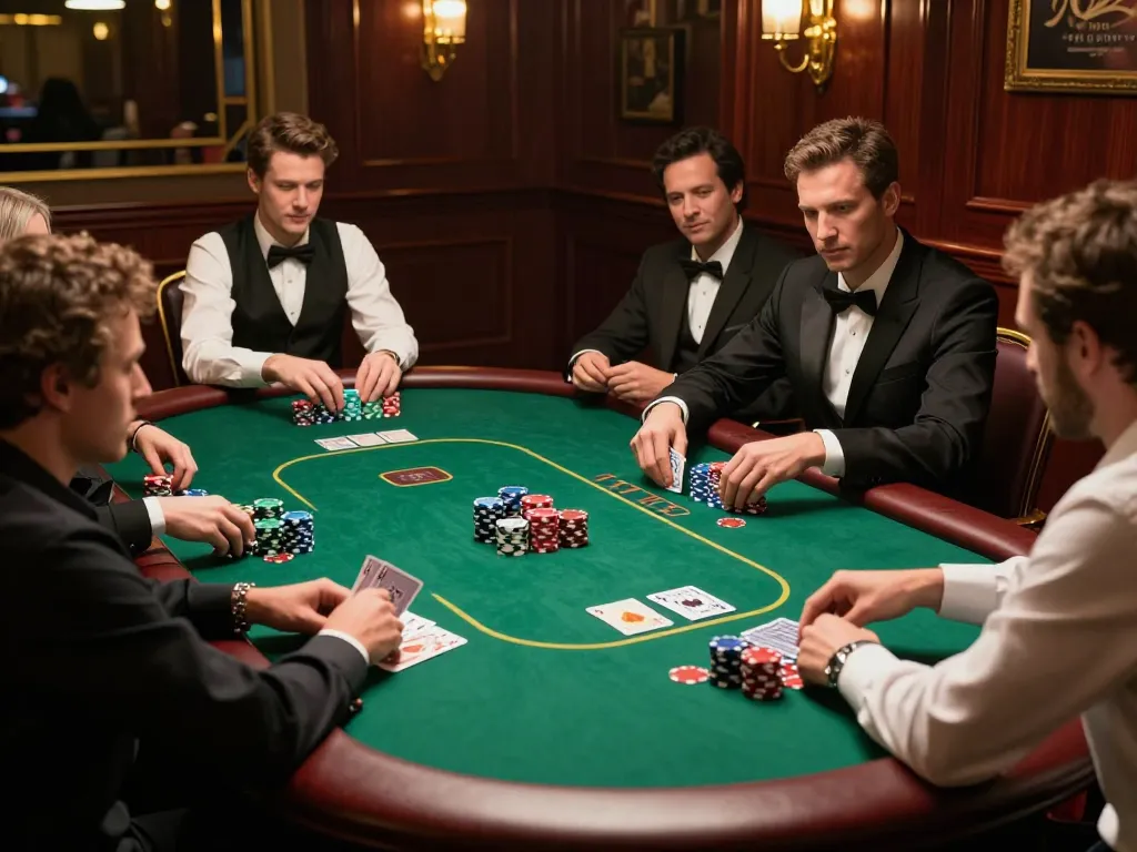 F8BET players strategizing during a high-stakes poker game in a luxurious casino