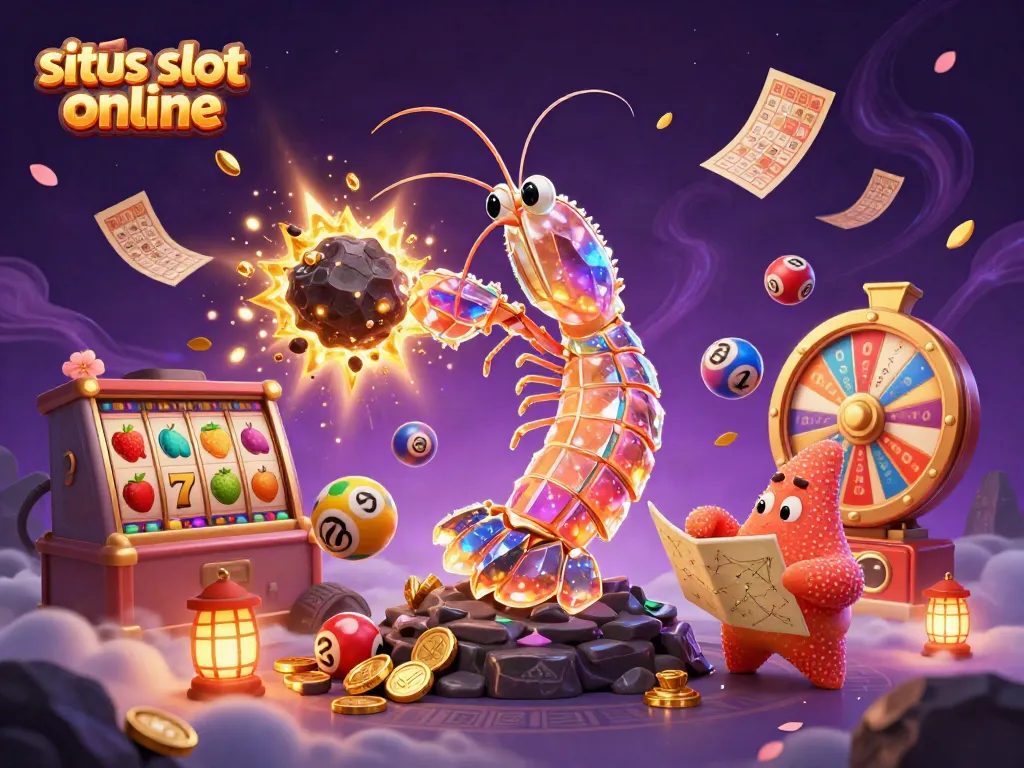 Gambaran dinamis situs slot online dengan mantis samurai meninju asteroid, memancarkan koin emas.
