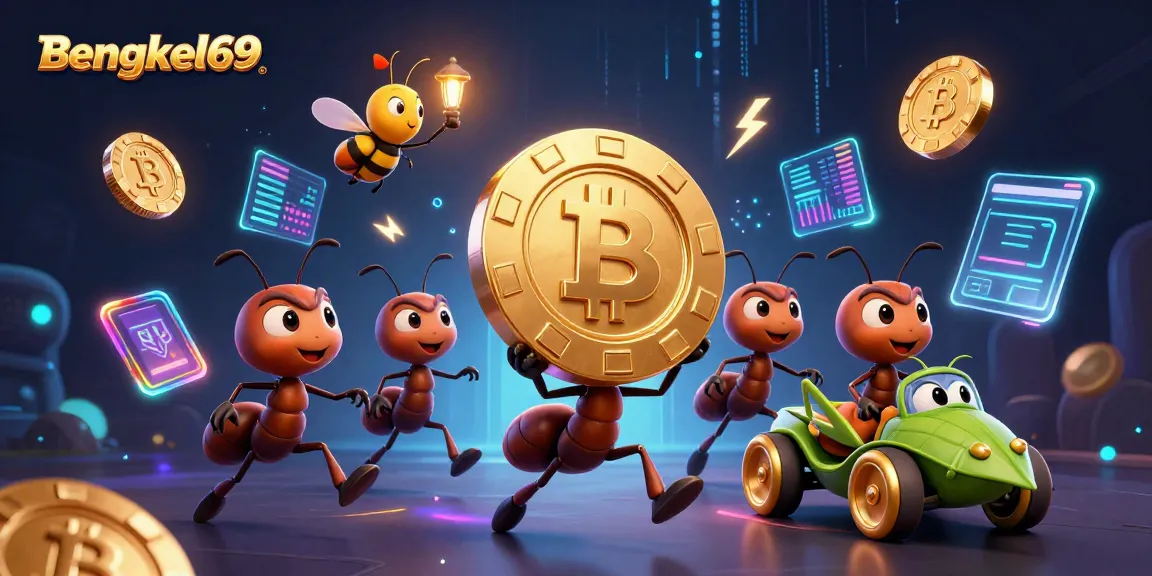 Bengkel69 showcases cartoon ants heisting a giant poker chip with crypto elements around