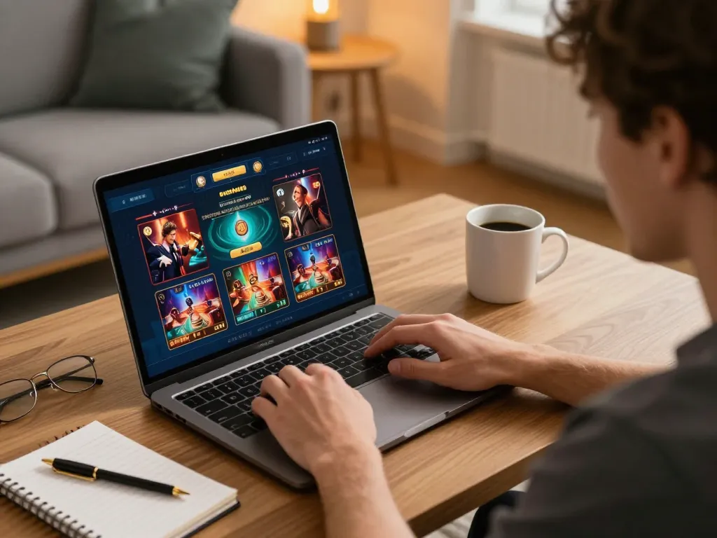 Playing casino games on the Rikvip app from a cozy home setting with strategic notes.