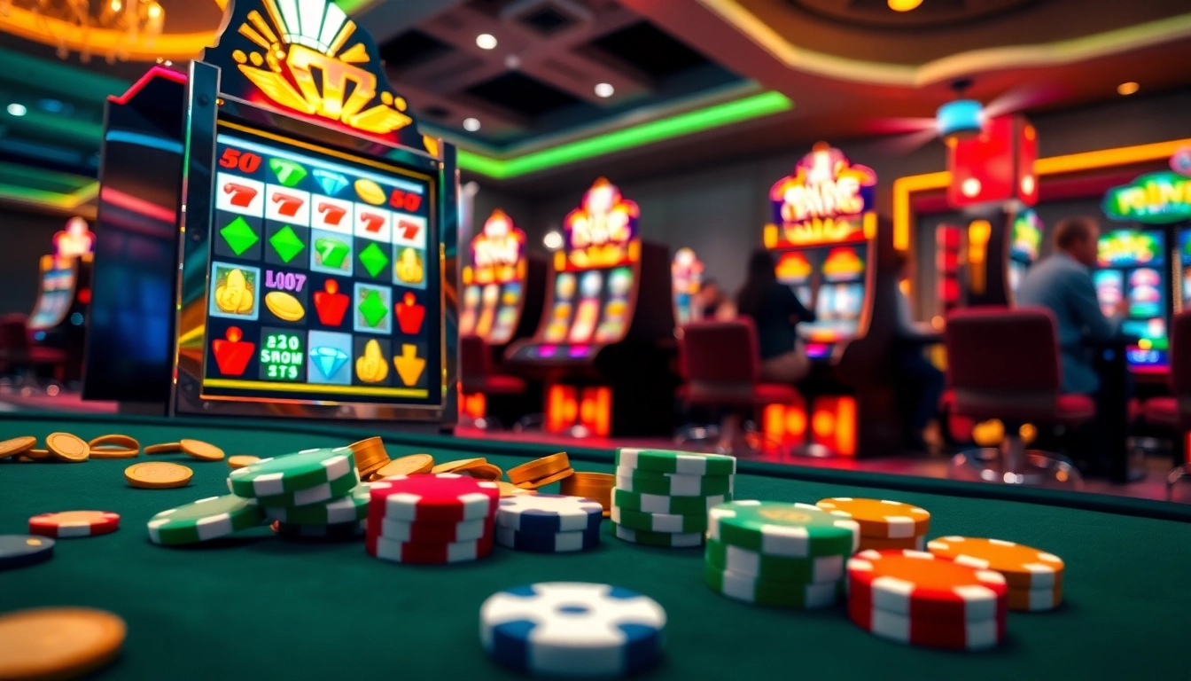 Engage with slot demo excitement on vivid machines and table games in this vibrant casino scene.