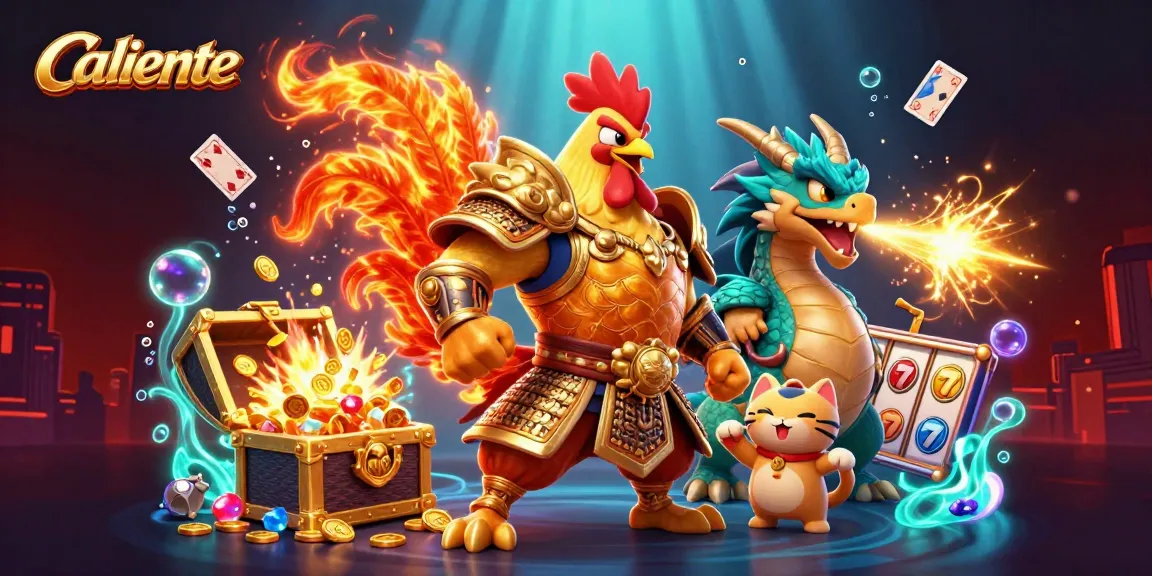 Caliente graphic showing a fighting rooster and dragon hatchling in a vibrant casino scene with rich details.