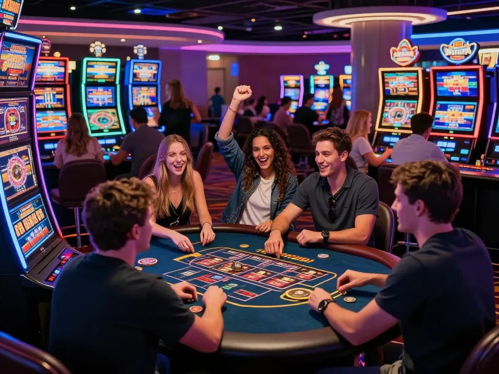 Exciting gaming floor at akunjp casino with players engaged at slot machines and poker tables.