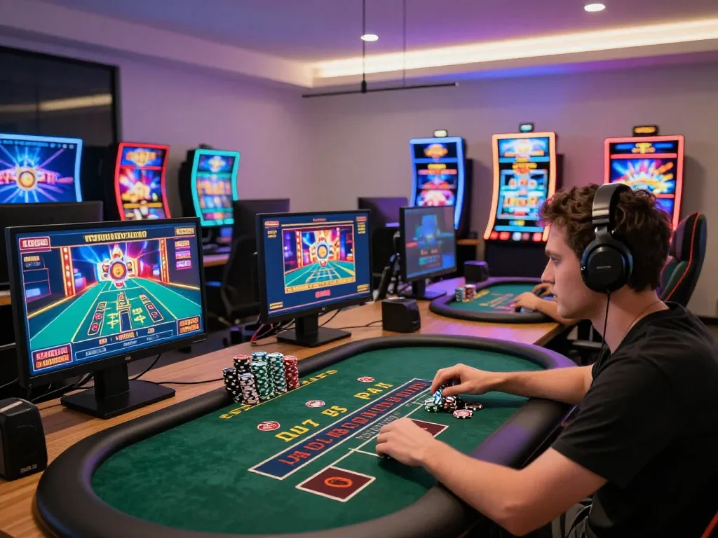 cm88 player engaged in live dealer casino games on multiple screens in a modern home office.