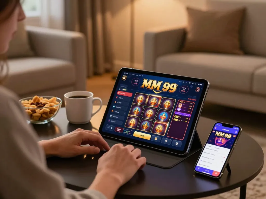Engaging with MM 99 gaming app on tablet, showcasing online betting strategies in a cozy setting.
