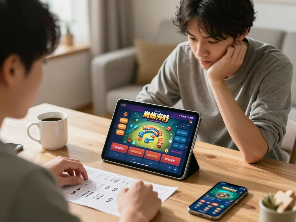 Situs Tempo123 engaging online gaming with Mahjong Ways on a tablet in a cozy setup.
