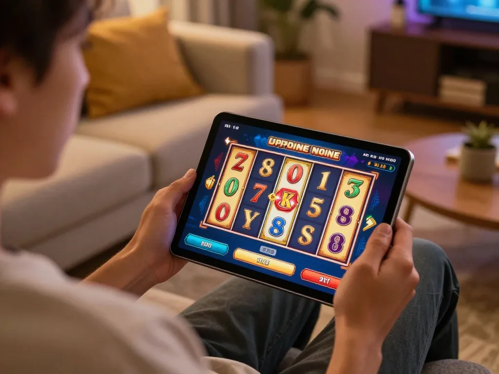 Player engaging with slot online game on tablet in cozy living room setting.