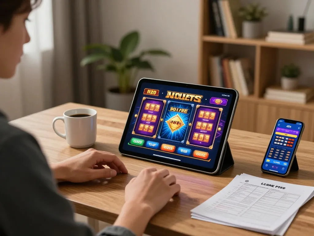 Rikvip player analyzing strategies while enjoying an online slot game on tablet in a stylish setup.