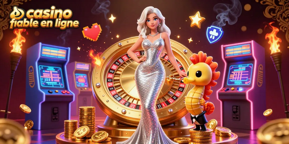 Play at the best casino fiable en ligne with a stunning woman by a golden roulette wheel.