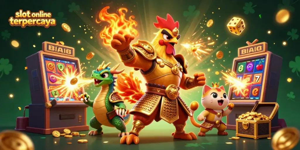 Pemain slot online terpercaya yang melibatkan karakter ayam jantan pemberani dan naga muda yang kuat, dikelilingi oleh mesin slot yang menjulang tinggi dan simbol keberuntungan.
