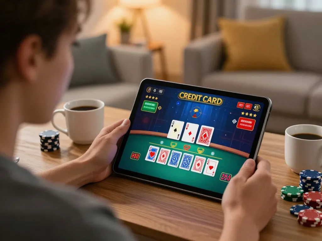 Player enjoying a game at a credit card casino on tablet in a cozy living room.