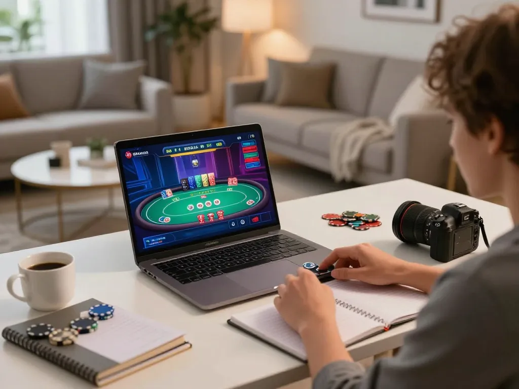 b52club player engaged in live dealer gaming at home, showcasing stylish setup and focused strategy.