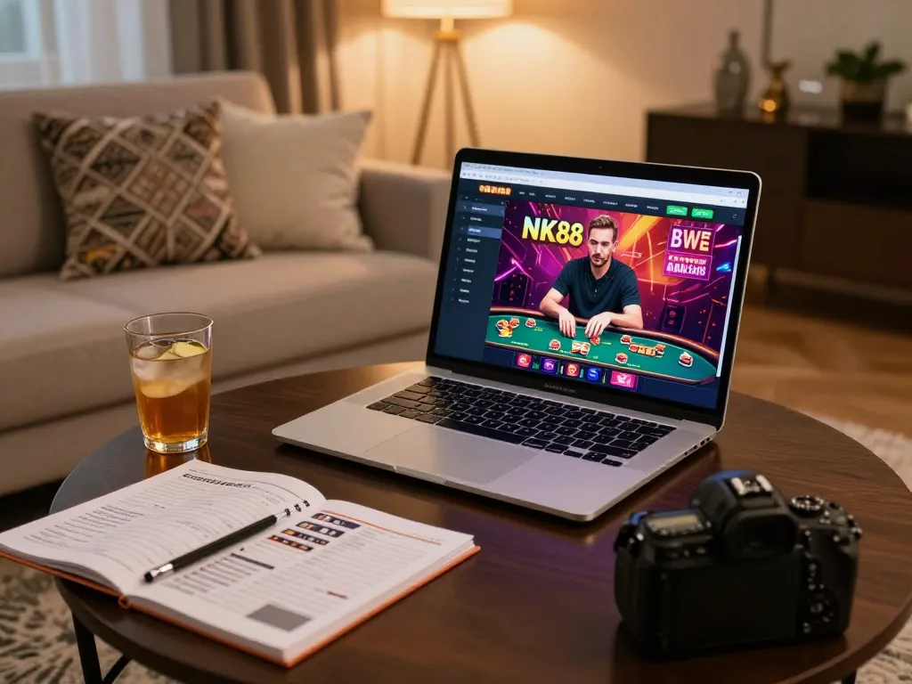 Player engaging with the NK88 online casino interface in a cozy home environment.