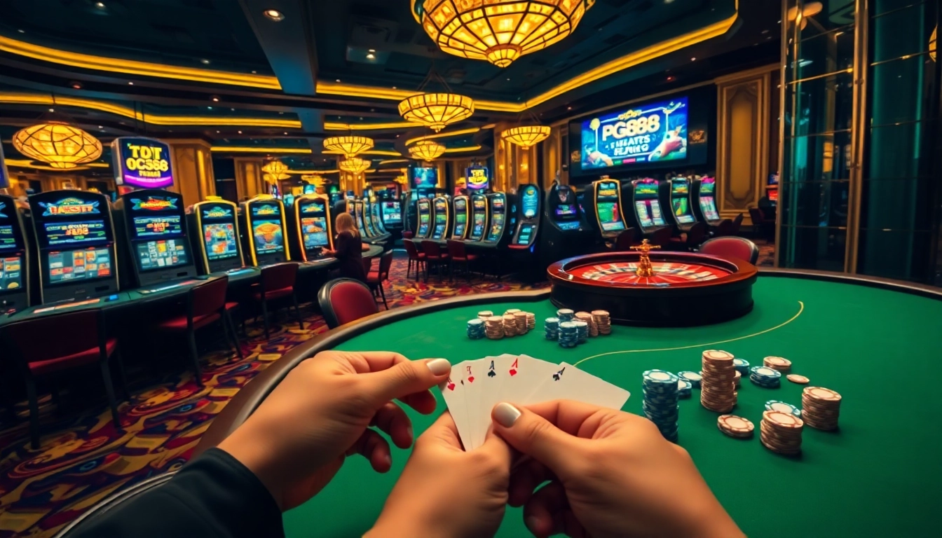 Experience a thrilling moment at pg88 casino with vibrant slot machines and poker tables.