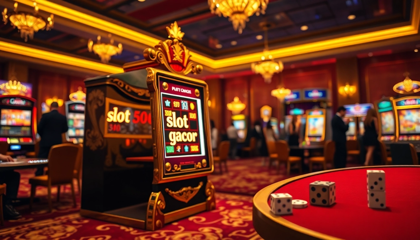 Players enjoying a vibrant casino atmosphere at a slot gacor machine, surrounded by colorful chips and dice.