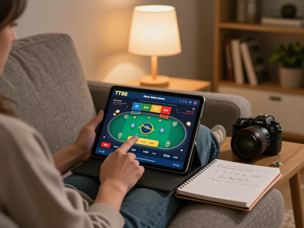 Gambling enthusiast enjoying TT88 online casino gameplay on a cozy home sofa.