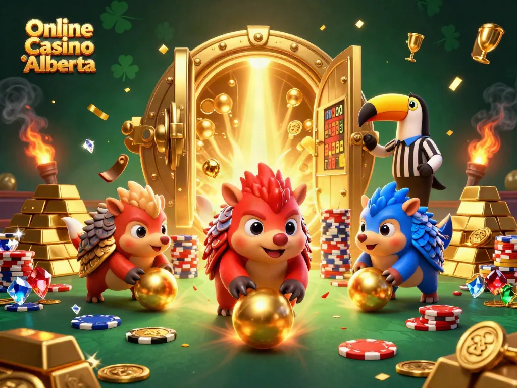 Engage with the thrilling action of Online Casino Alberta in a vibrant 3D illustration featuring pangolins and gaming elements.