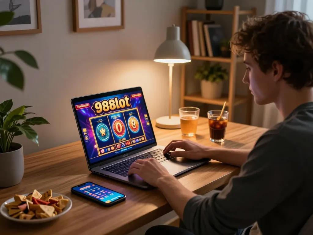 Player engaging with the exciting 988slot game on a modern laptop during cozy home gaming.