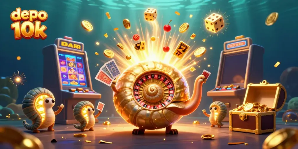 Permainan slot dan jackpot menarik dengan depo 10k, berisi karakter 3D nautilus dan elemen kasino lainnya.