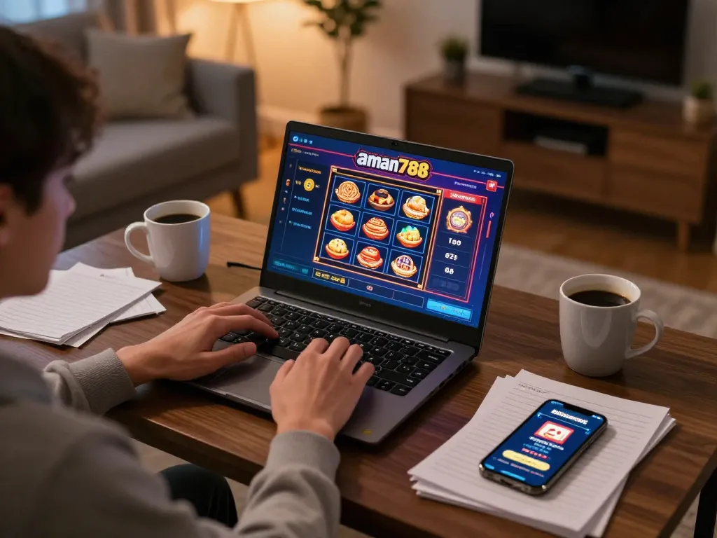 Seorang pemain menikmati slot online aman788 di rumah dengan catatan strategis dan suasana yang nyaman.