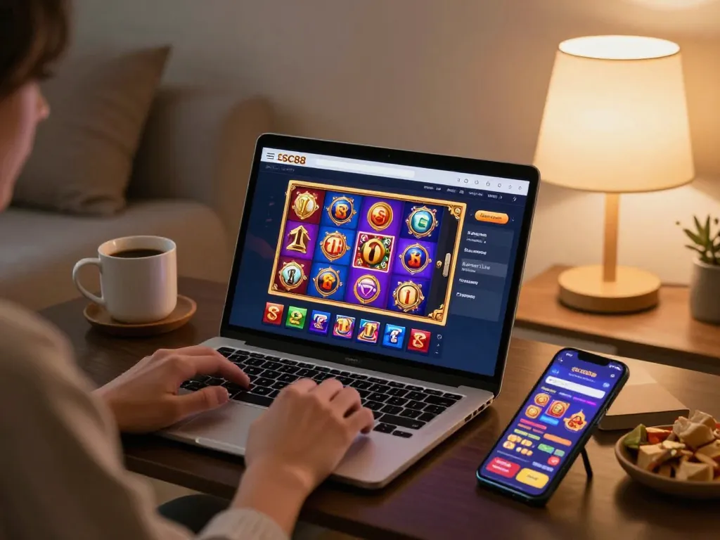 Engage with SC88's online gaming platform on a cozy night with a laptop and smartphone.