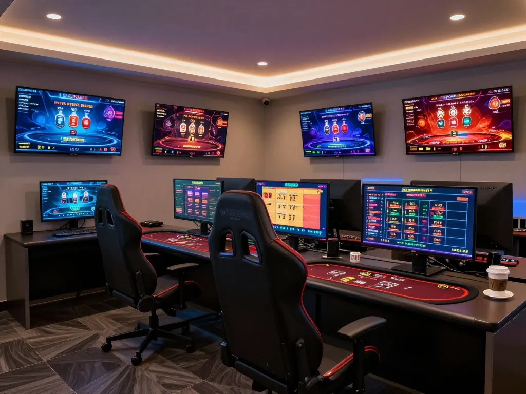 Tether gambling activities showcased on multiple screens in an engaging online gaming setup.