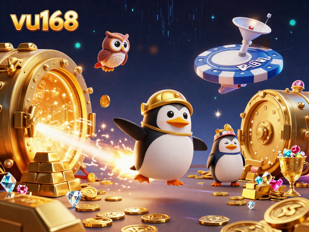Bet on exciting outcomes with vu168's penguin and lucky casino elements amidst gold and jewels.