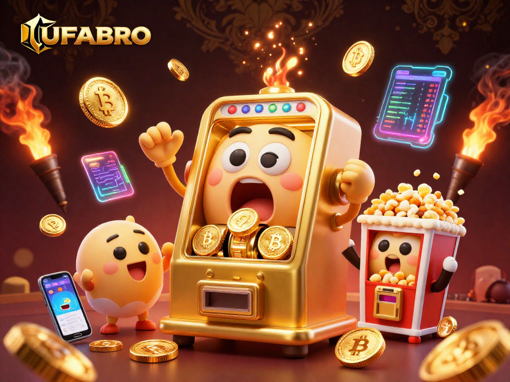 UFABRO transforms betting excitement with golden slot machines hitting jackpots amid crypto elements.