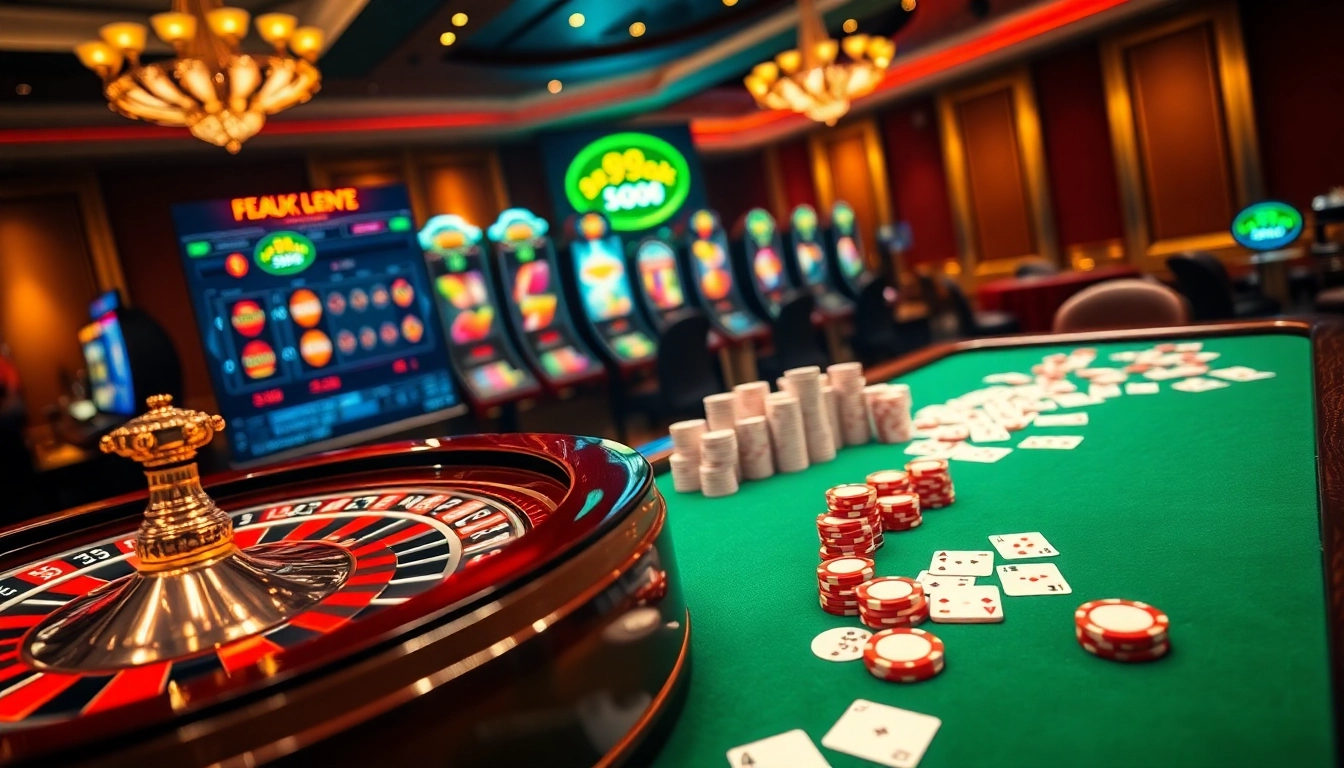 Experience the excitement of 99ok with glamorous casino visuals showcasing poker, slots, and roulette.