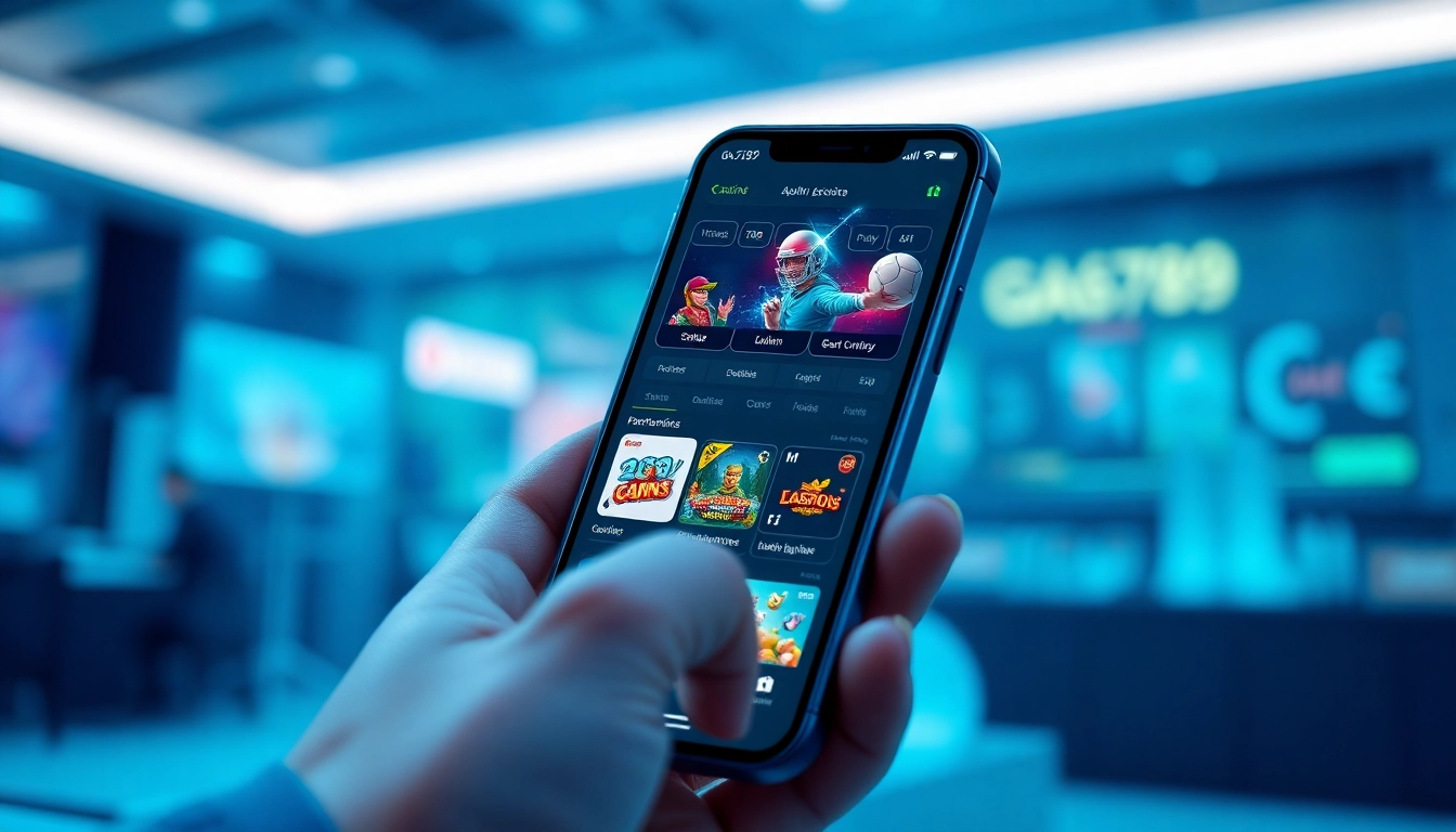 Ga6789 mobile app interface displaying online betting services with vibrant graphics.