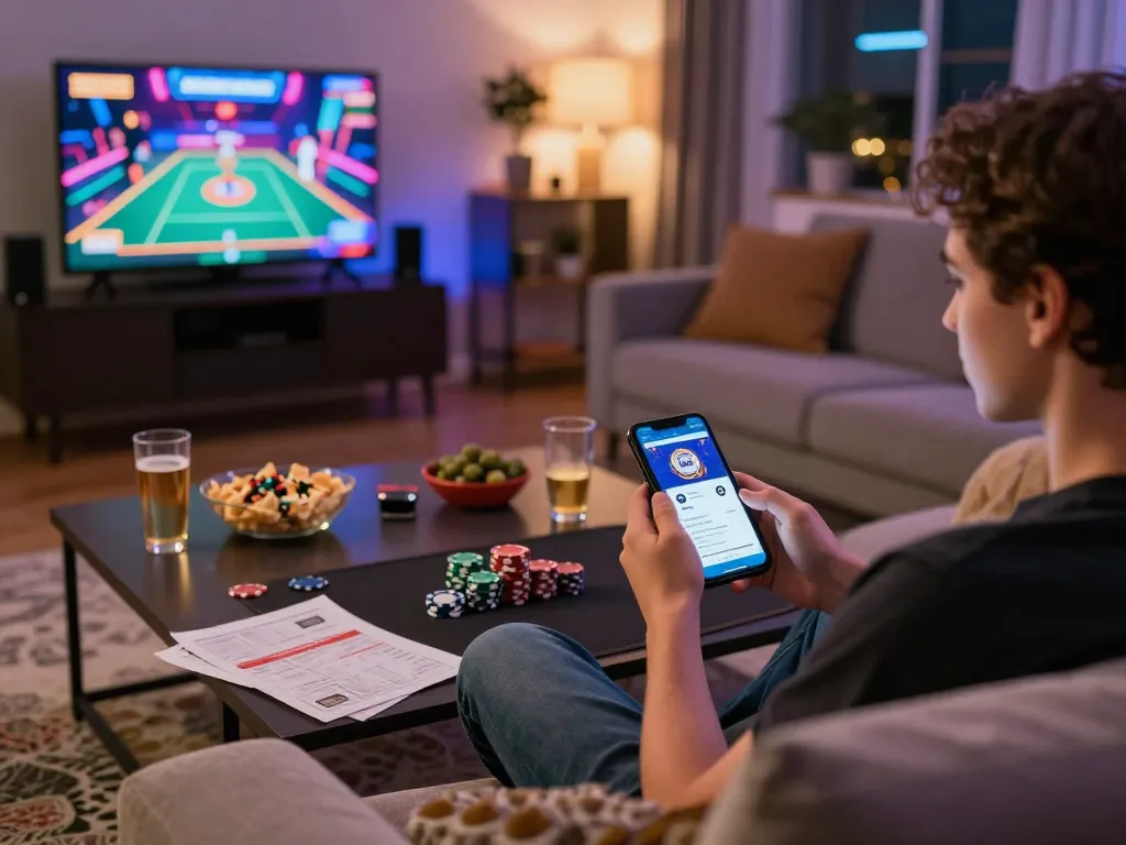 Engaged player using the kdtoto app for online casino gaming during a cozy home night.