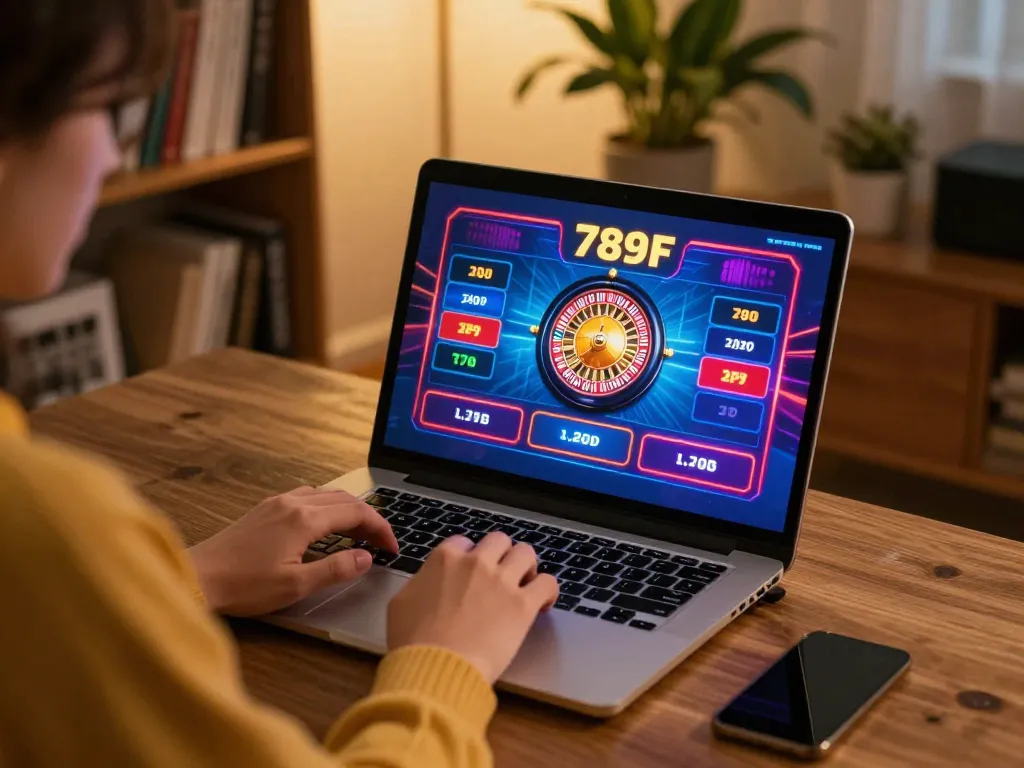Engaged player experiencing 789F casino games on laptop in a cozy home setting