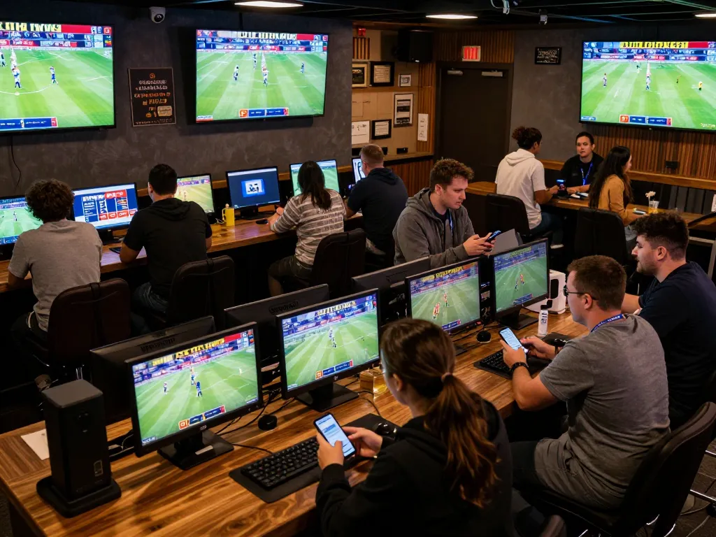 Engaged sports bettors analyzing odds and placing bets while experiencing soi kèo bóng đá excitement in a lively venue.