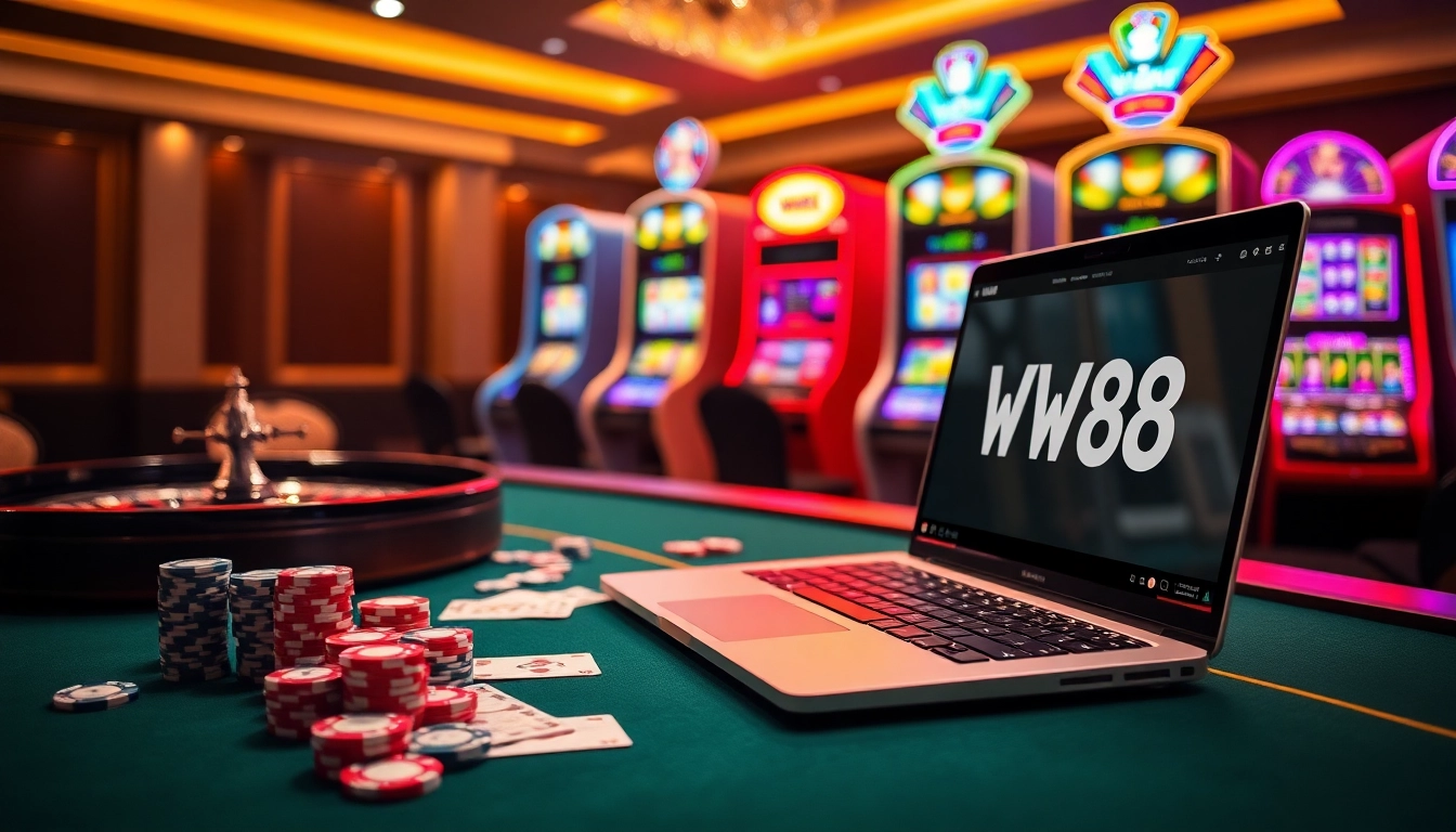 Engage with WW88's vibrant online gaming atmosphere featuring casino tables, chips, and slot machines.