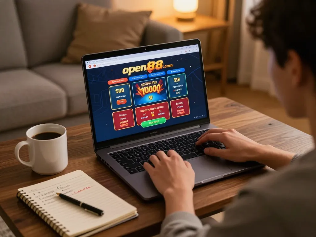 A person enjoys online gambling at open88 com, engaging with the casino interface on a laptop in a cozy home setting.