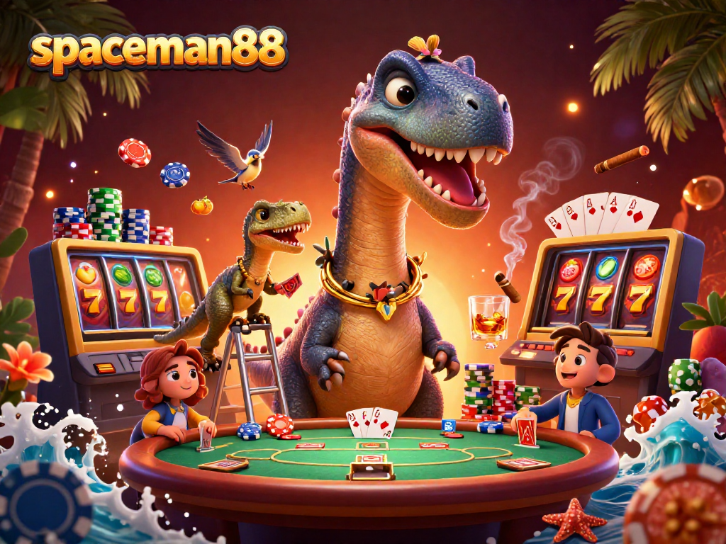 Experience excitement with spaceman88 in a vivid 3D casino scene featuring a playful dinosaur and dynamic gaming elements.