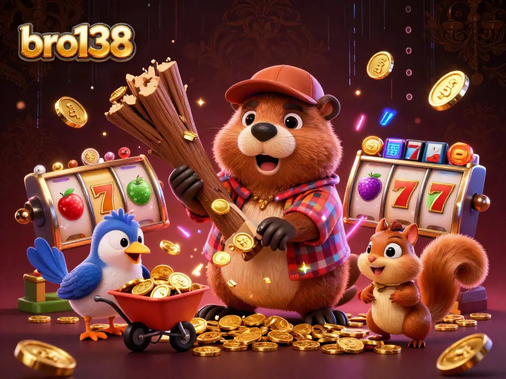 Experience big wins at bro138 with a vibrant scene of a beaver and friends collecting golden coins.