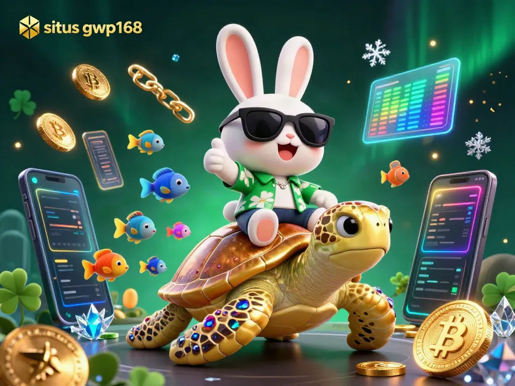 Gambarkan situs gwp168 dengan karakter kartun menarik di kasino virtual yang berwarna-warni.