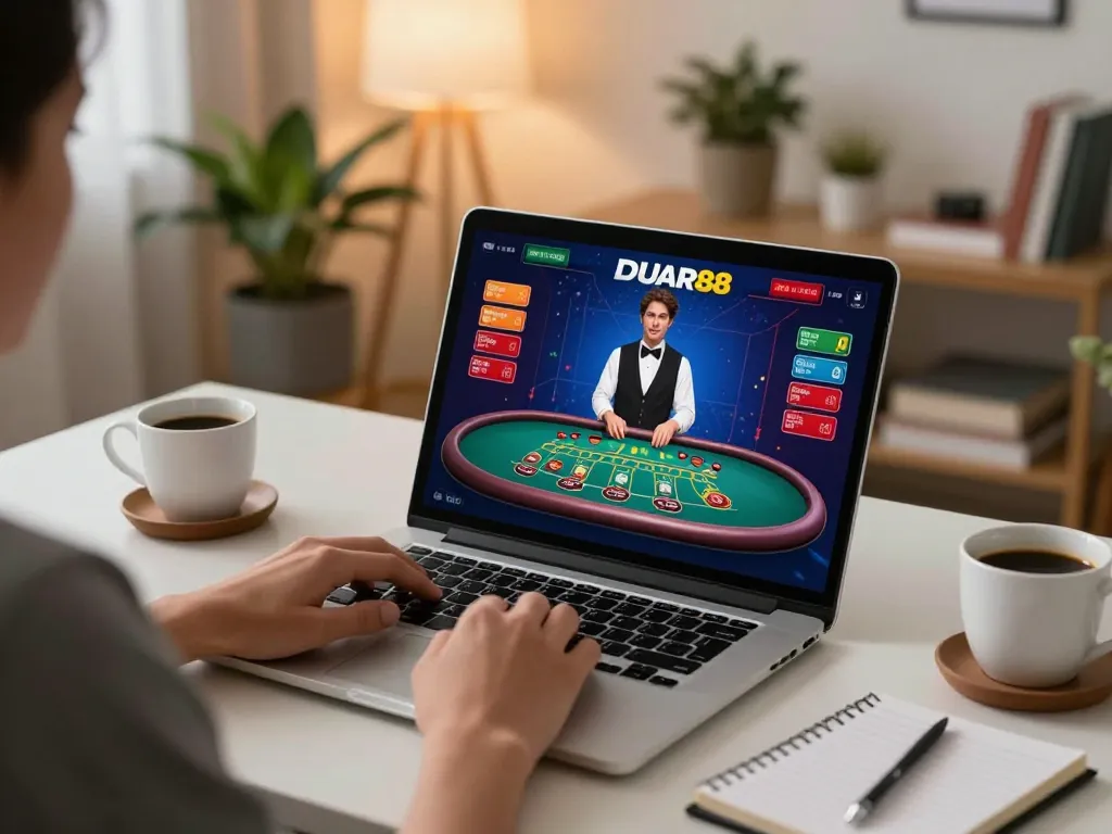 Aksi blackjack online yang menarik menampilkan antarmuka DUAR88 selama sesi permainan di rumah
