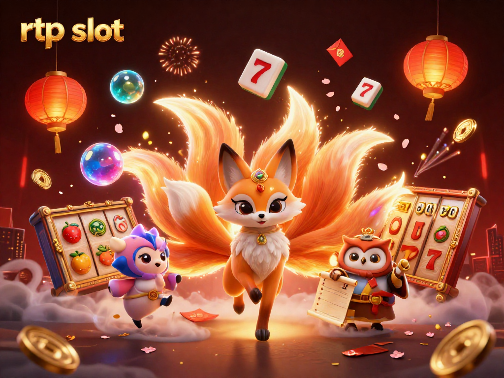 Spin the rtp slot with nine-tailed fox and lucky symbols amidst vibrant casino elements.