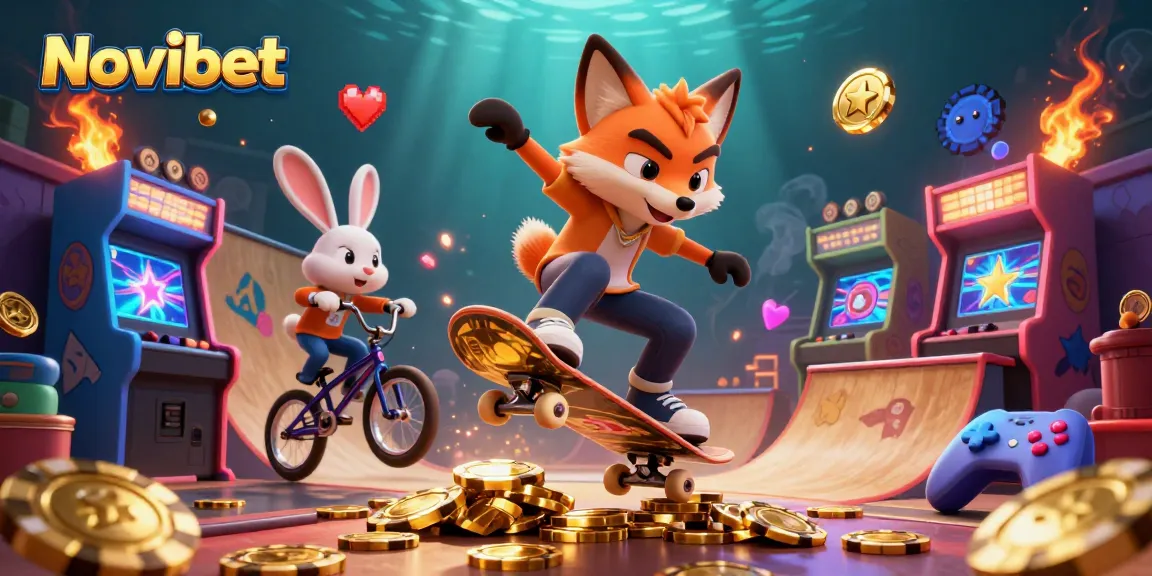 Novibet gaming adventure featuring a skateboarder fox above golden poker chips with arcade machines.