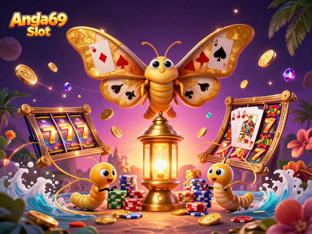 Spin with Angka69 Slot and enjoy vibrant casino scenes featuring golden moths and slots.