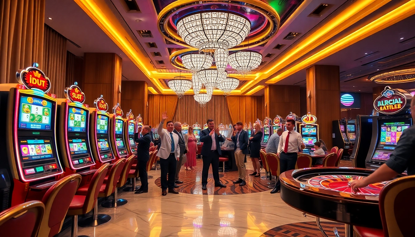 Players celebrating wins at luxurious idn slot machines in an upscale casino.