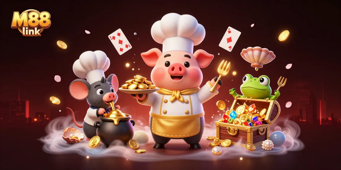 Immerse yourself in the M88 link universe with this captivating illustration depicting dynamic gambling elements and vibrant characters.