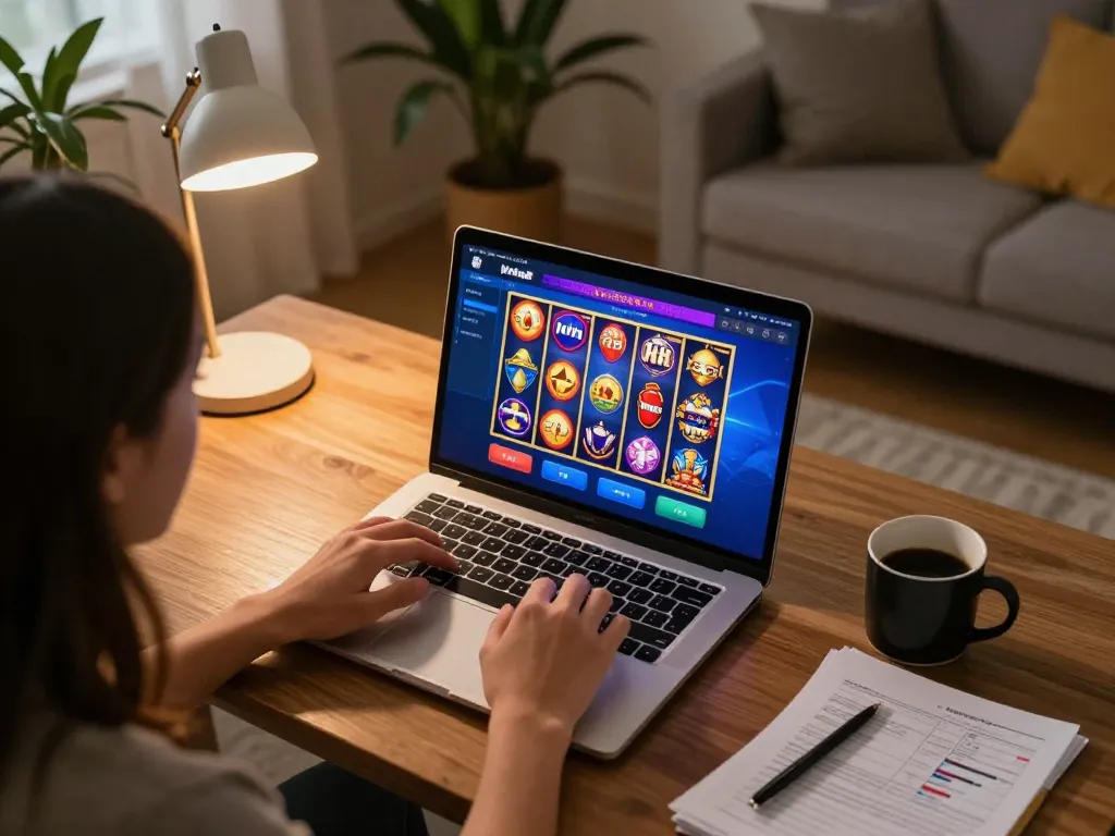 Iwin online gaming session with vibrant interface and cozy home atmosphere.